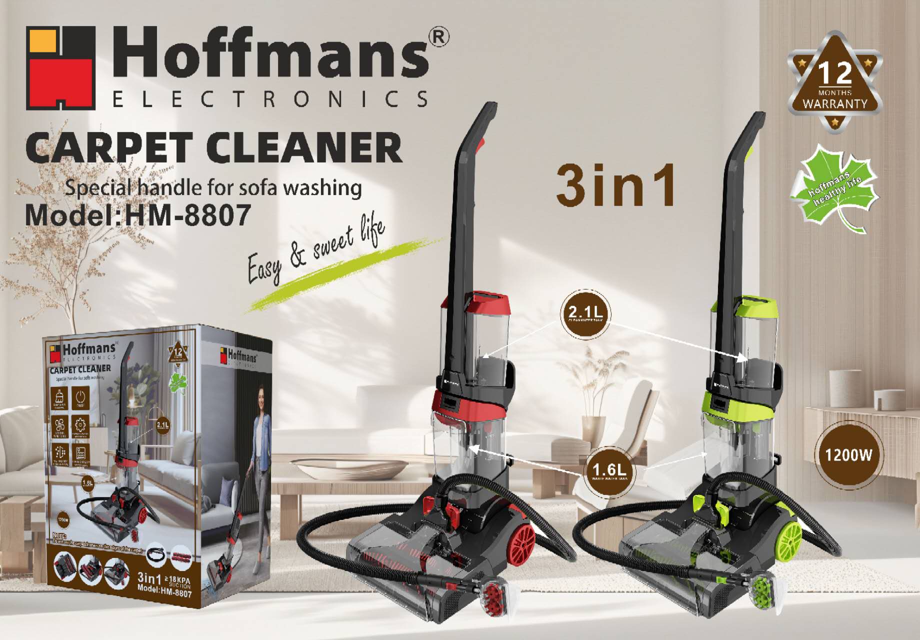 Aspirator 3-în-1 fără Sac HOFFMANS HM-8807, 1200W, Spală & Aspiră, Vertical + Mână