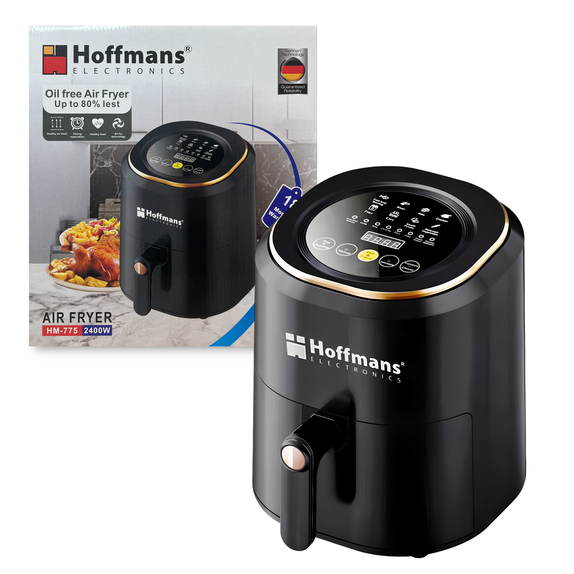 Air Fryer HOFFMANS 775 - Friteuza cu Aer Cald, Fara Ulei, Capacitate 7.5L, 2400W, Negru