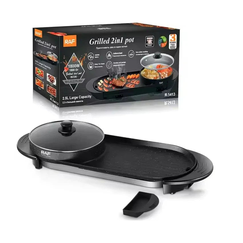 Grill & Oala Electric 2în1 RAF R.5413 1800W, 2.5 L capacitate, cu capac, 160℃-220℃, 70x25x10 cm
