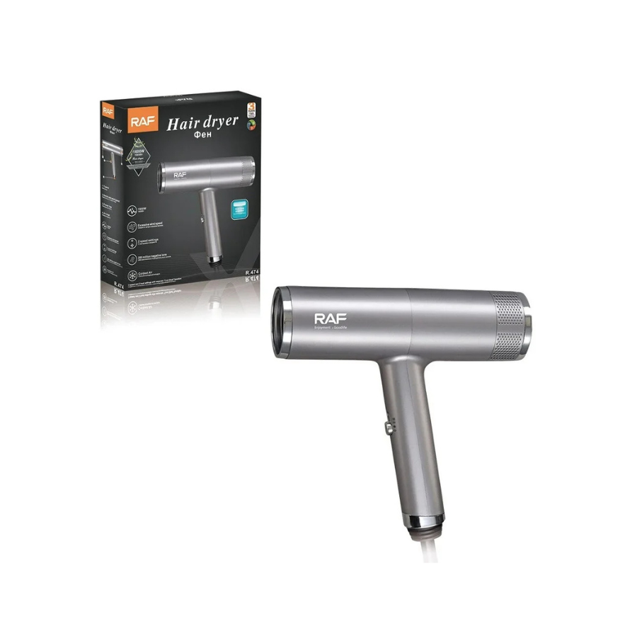 Uscator de par cu ioni negativi, RAF R474, 1600W, 2 viteze, buton de aer rece, 1 cap magnetic inclus, argintiu