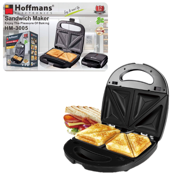 Sandwich Maker Electric HOFFMANS HM-3005, 1000W, Plăci Antiaderente, Design Compact