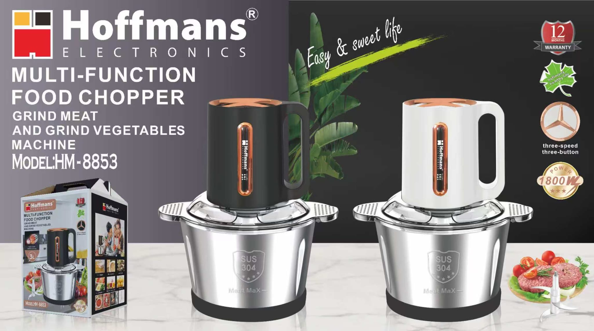 Tocător Electric Profesional Hoffmans HM-8853 – Bol 3L Inox, 1800W, 4 Lame, 3 Viteze