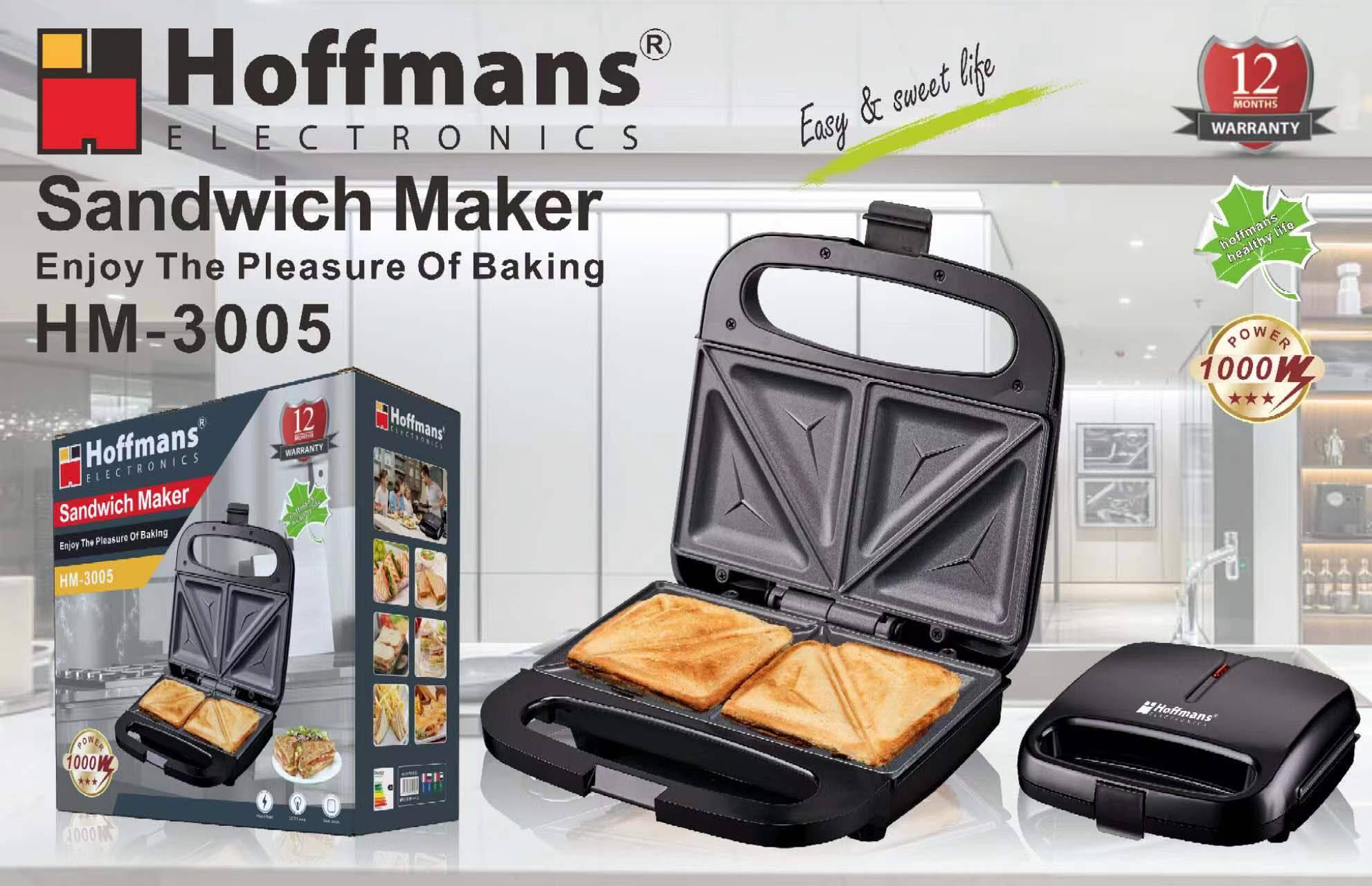 Sandwich Maker Electric HOFFMANS HM-3005, 1000W, Plăci Antiaderente, Design Compact