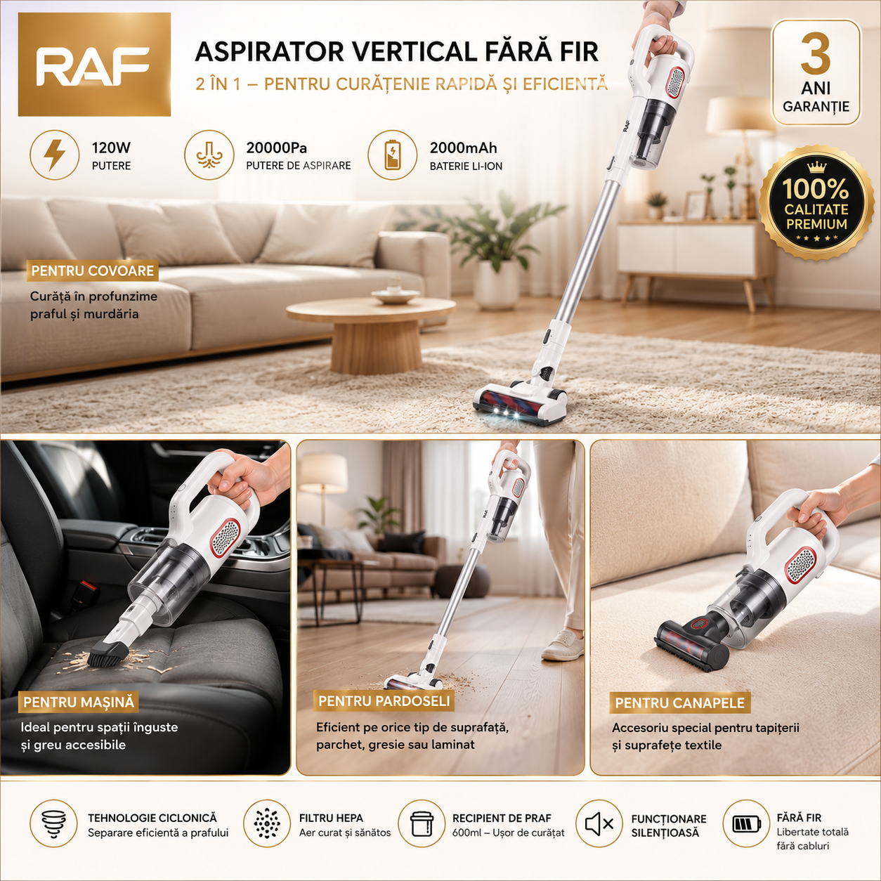 Aspirator Multifunctional RAF 8669 Fara Sac, Aspirator de Mana, Capacitate 500 ML, 120W