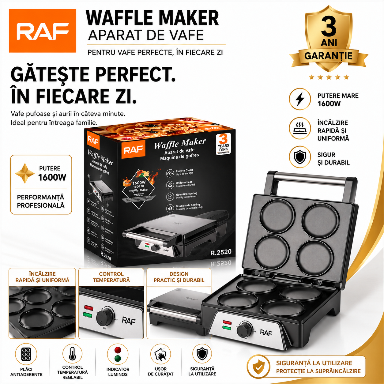 Aparat De Facut Waffle, Clatite Si Gogosi RAF 2520 -, Strat Antiaderent, 1600W