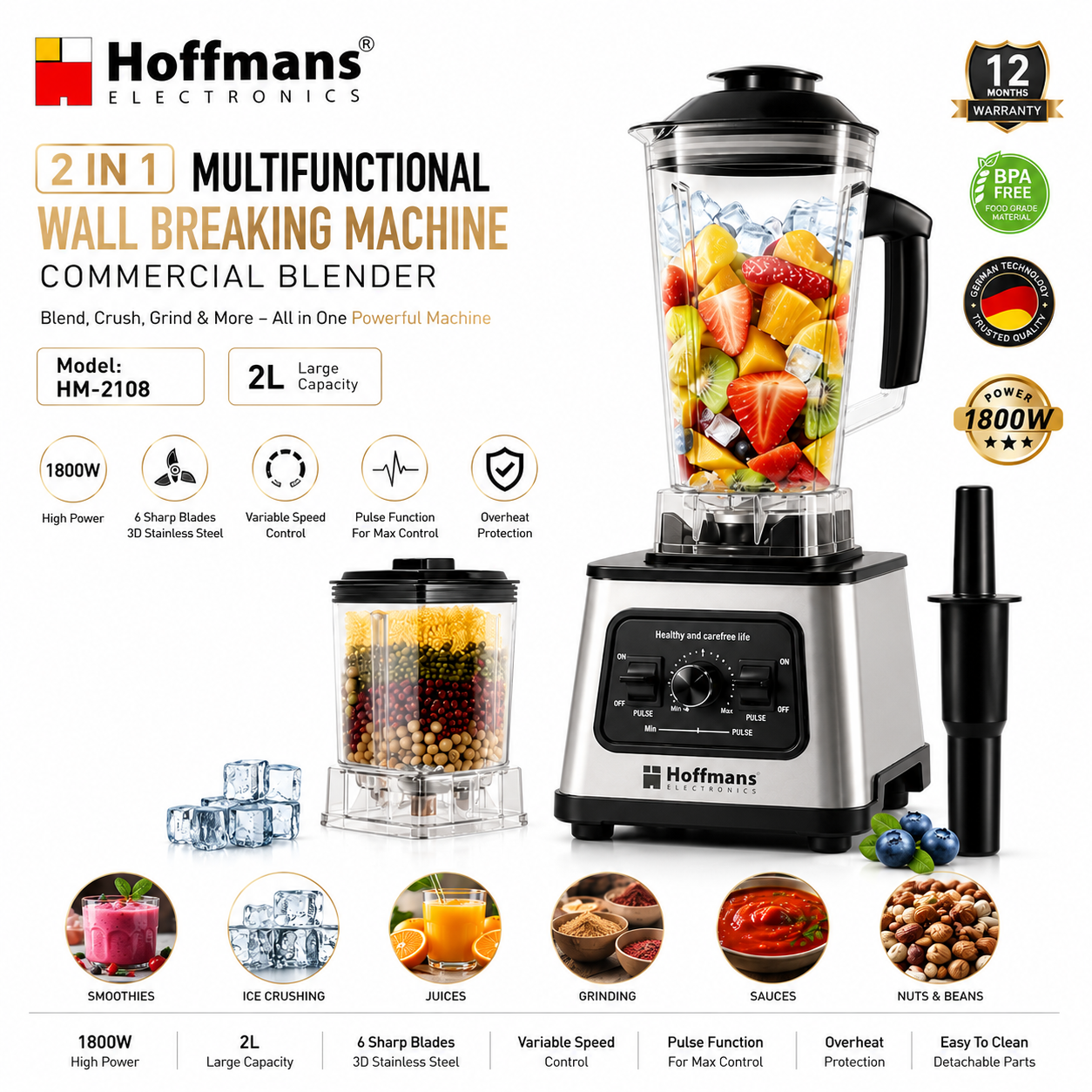 Blender Hoffmans HM-2108 – 2 în 1, 2.5L, 1800W