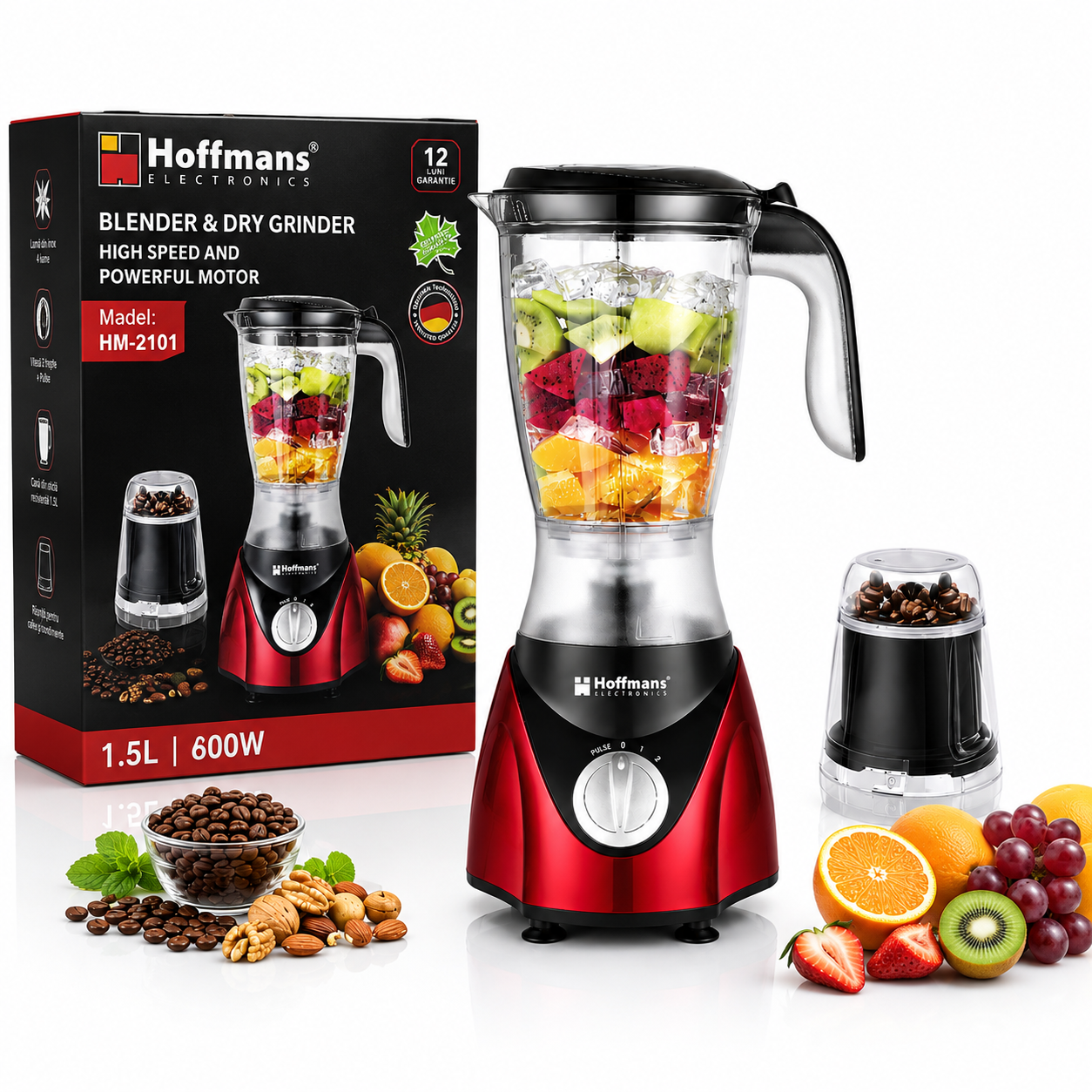 Blender 2 în 1 Hoffmans HM-2101 – 1.5L + Râșniță, 600W