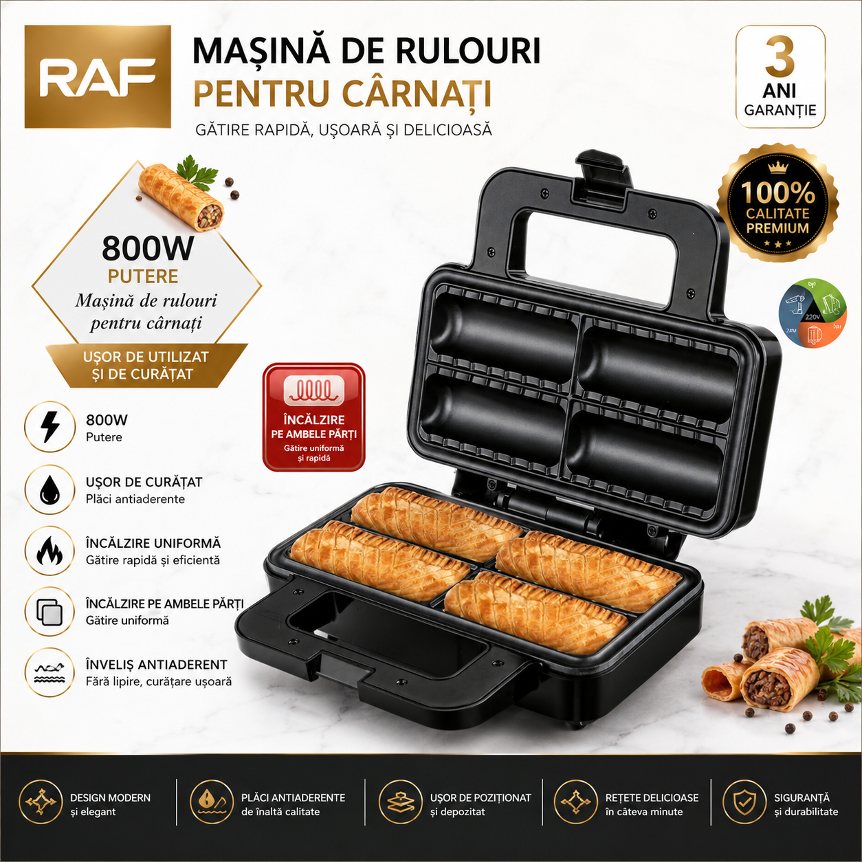 Aparat Electric pentru 4 Rulouri cu Cârnați sau Plăcinte Umplute, RAF R529, 800W