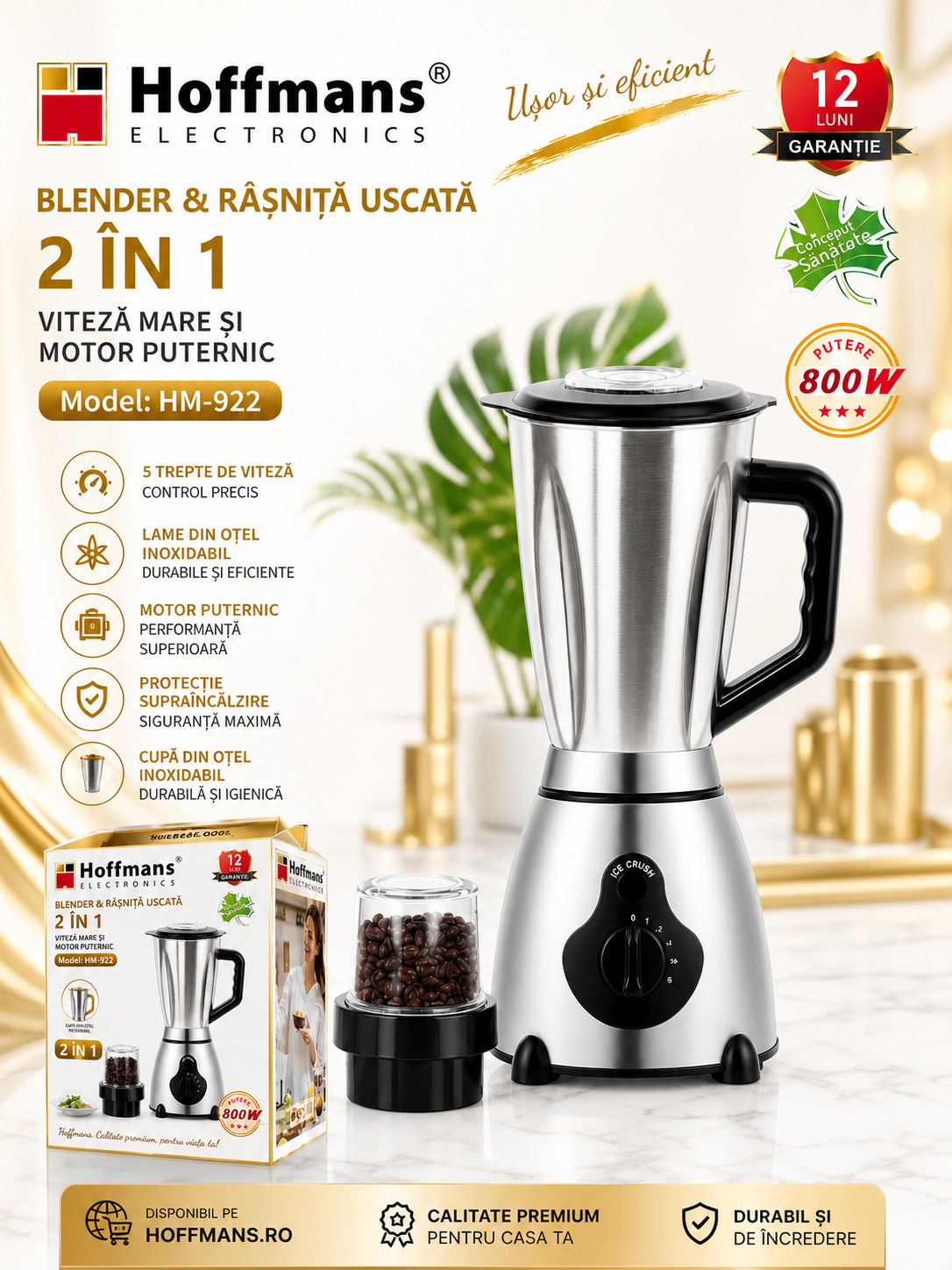 Blender Profesional Hoffmans HM-922 – 1.5L, Multifuncțional, Putere Mare, Zdrobire Gheață, Lame Inox