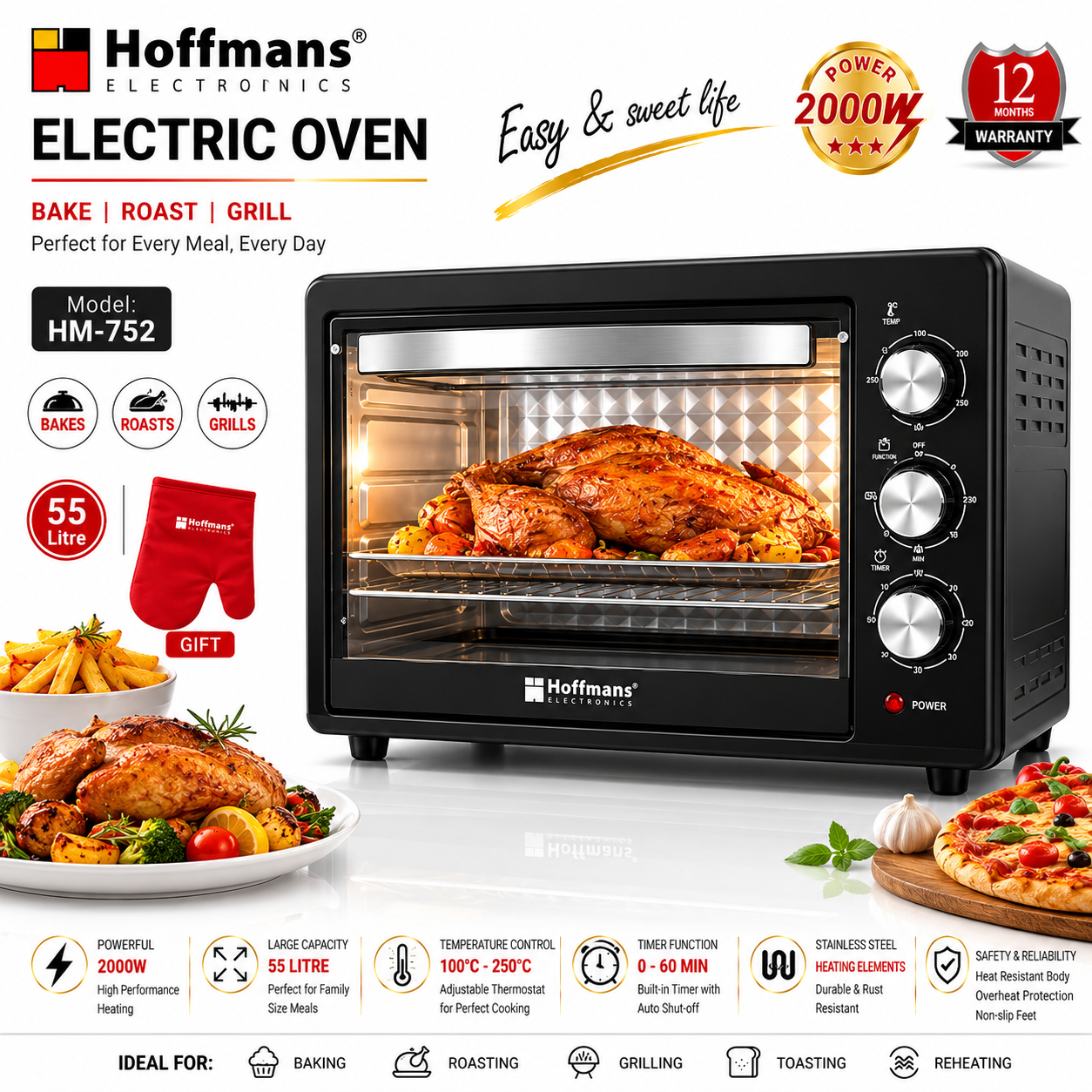 Cuptor Electric Hoffmans HM-751. 55L, 2000W - Temporizator, Functie Oprire, Termostat + Accesorii