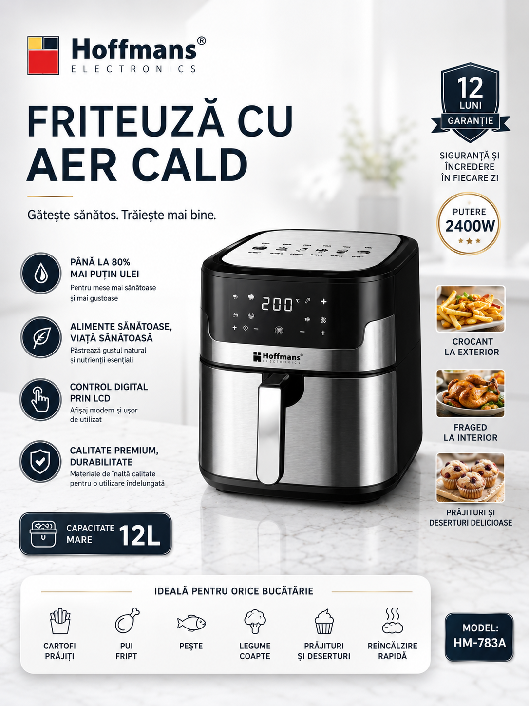 Air Fryer HOFFMANS 783A - Friteuza cu Aer Cald, Fara Ulei, Capacitate 12L, 2400W