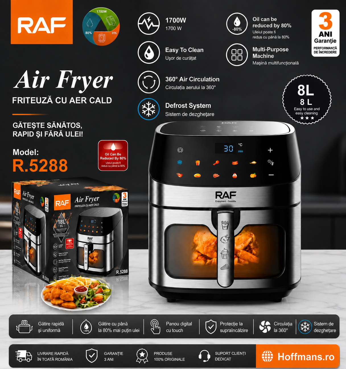 AirFryer RAF R.5288, 8 Litri, 1700W cu sistem special de Descongelare Carnii si Legume Rapid