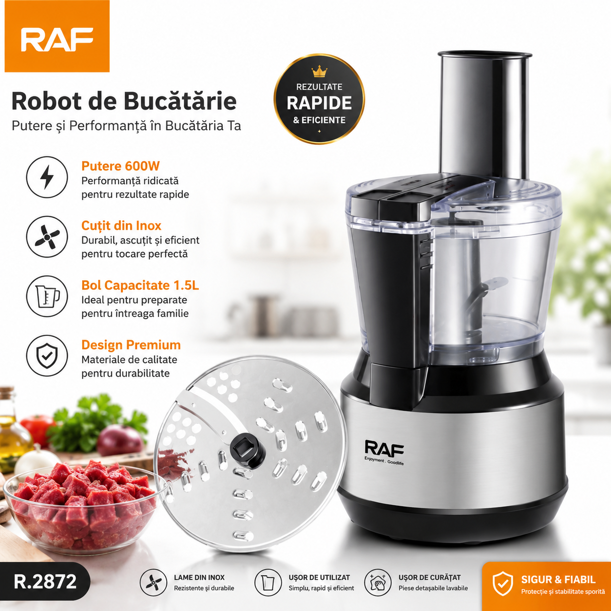 Blender / Mini Robot de Bucătărie RAF R.2872, 600W, 750ml, Multifuncțional