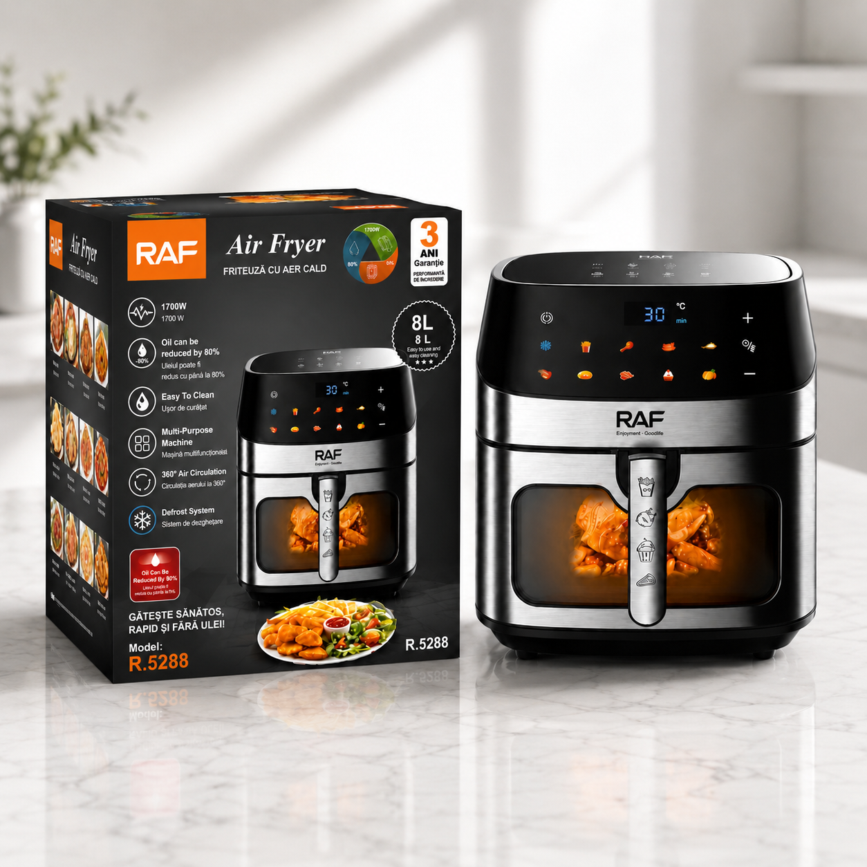 AirFryer RAF R.5288, 8 Litri, 1700W cu sistem special de Descongelare Carnii si Legume Rapid