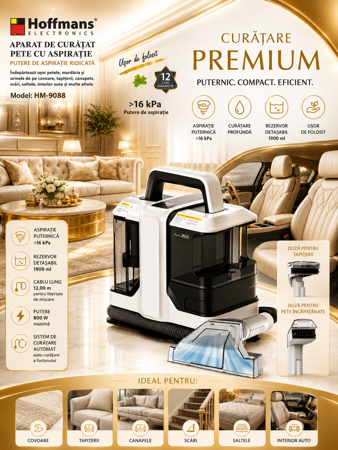 Aspirator cu spalare Hoffmans HM-9088, 800 W, putere aspirație 16 kPa, argintiu-negru, 1820 ml