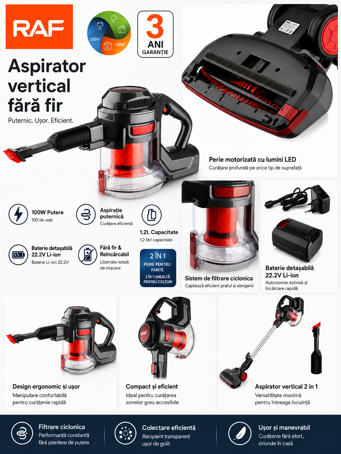Aspirator Multifunctional 2 in 1 Raf R.8667 Fara Sac, Fara Fir, Aspirator de Mana, Capacitate 1.2 L, 100W