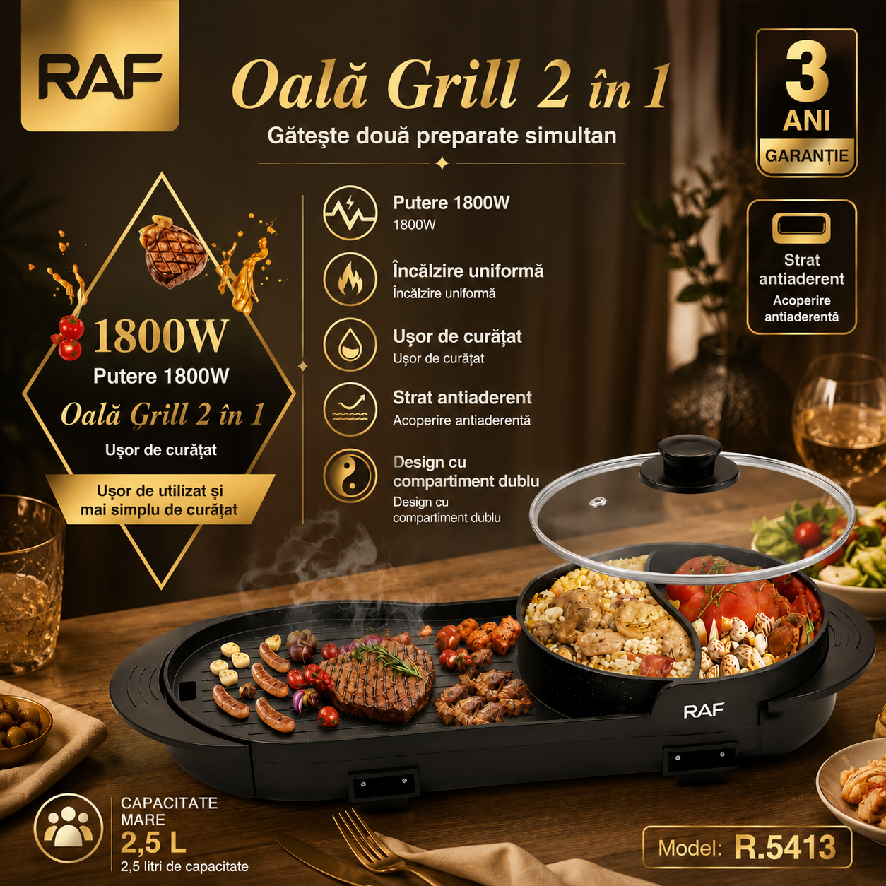 Plită Electrică 2în1 RAF R5413 1800 W, 2.5 L capacitate, cu capac, 160℃-220℃, 70x25x10 cm