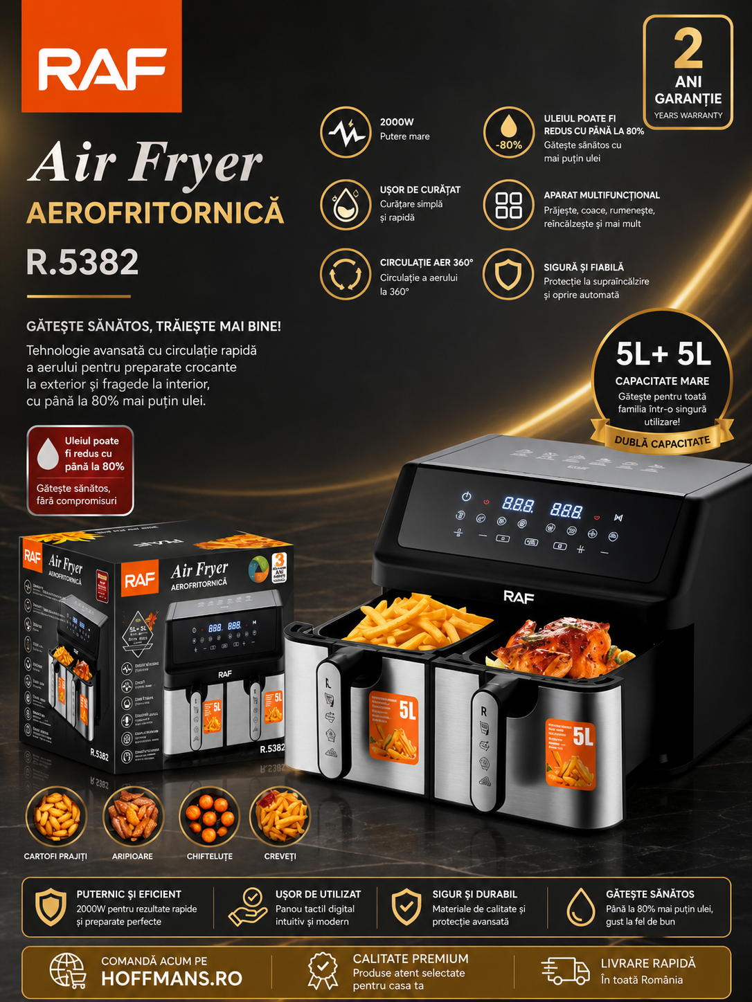 Friteuză cu Aer Digitală RAF R.5382, 10L (5L+5L), Dublu Coș, Control Tactil