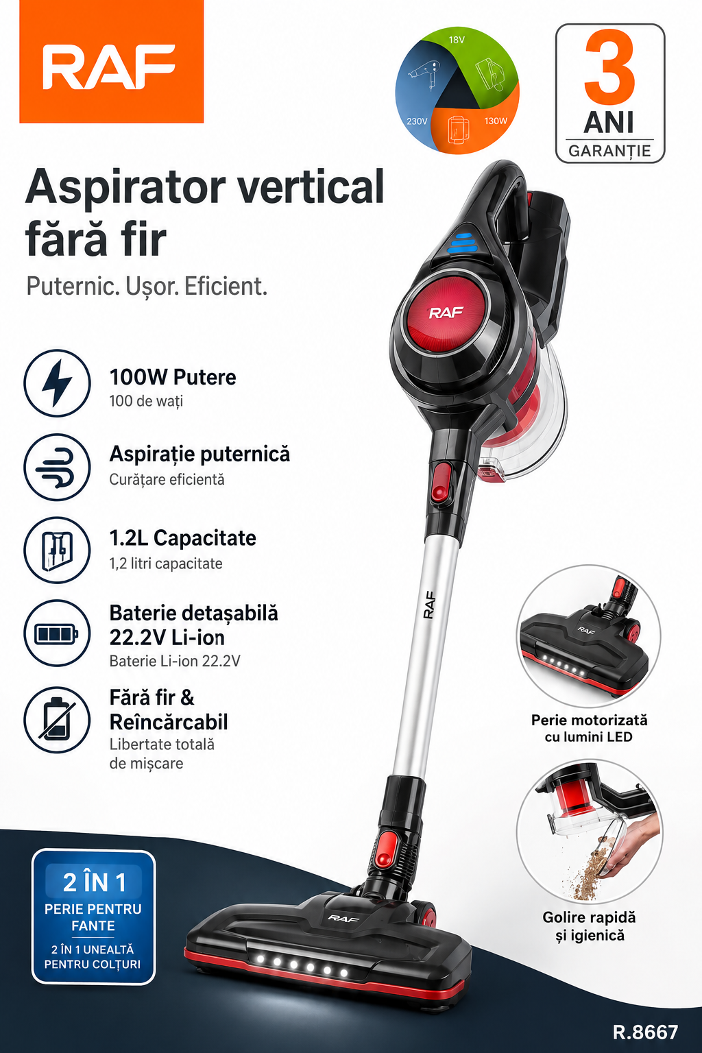 Aspirator Multifunctional 2 in 1 Raf R.8667 Fara Sac, Fara Fir, Aspirator de Mana, Capacitate 1.2 L, 100W