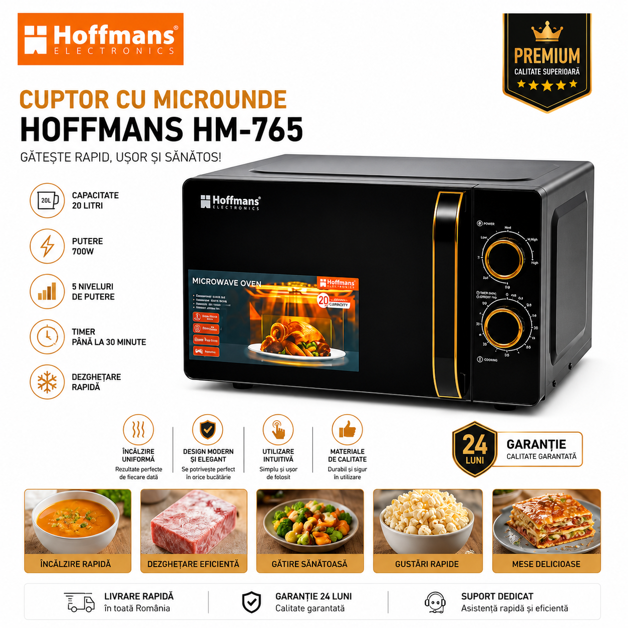 Cuptor Cu Microunde Hoffmans HM-765, Capacitate 20L, 700W, 5 Niveluri De Putere,