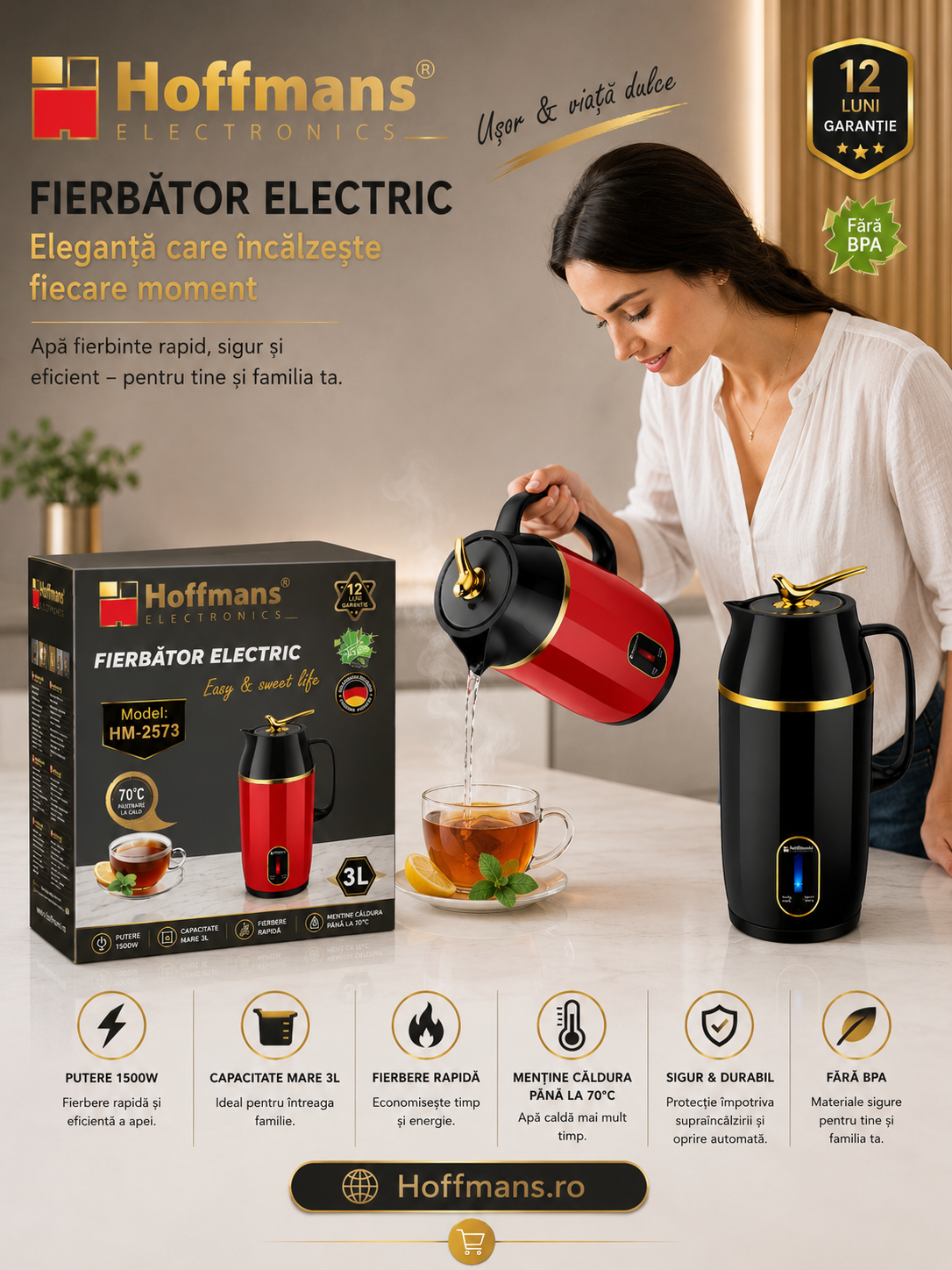 Fierbător Electric Hoffmans HM-2573, 3L, 1500W