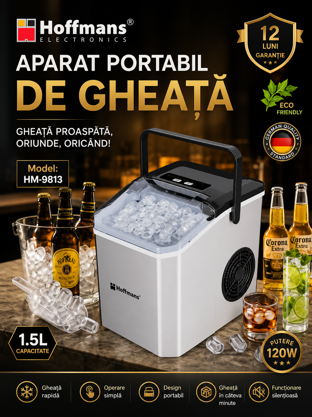 Mașină de Făcut Gheață Portabilă HOFFMANS HM-9813, 1.5L, 120W, Auto-Curățare, Cuburi Duble