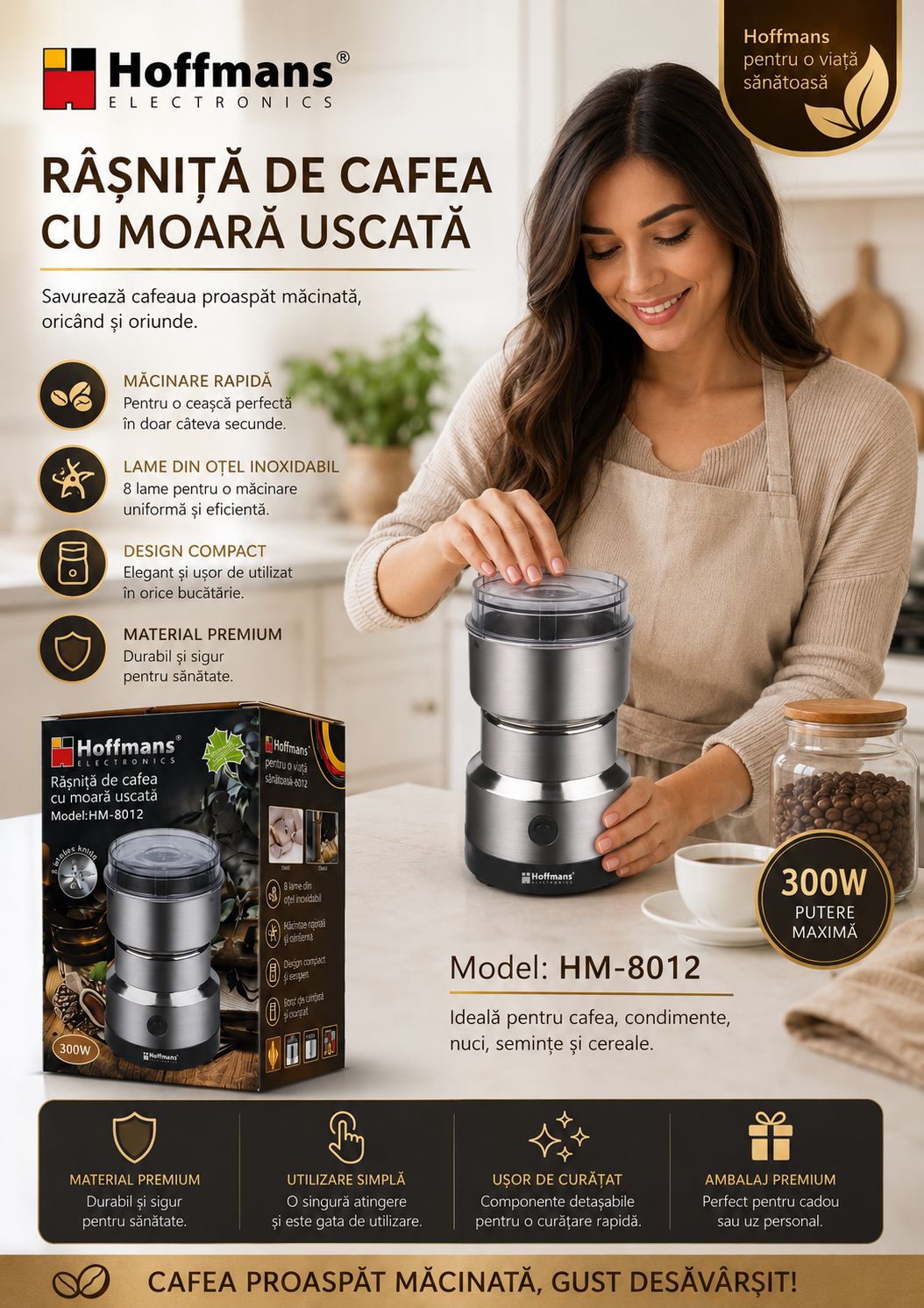 Râșniță Electrică Hoffmans HM-8012 cu Funcție Dry Mill – 300W, 8 Lame Inox