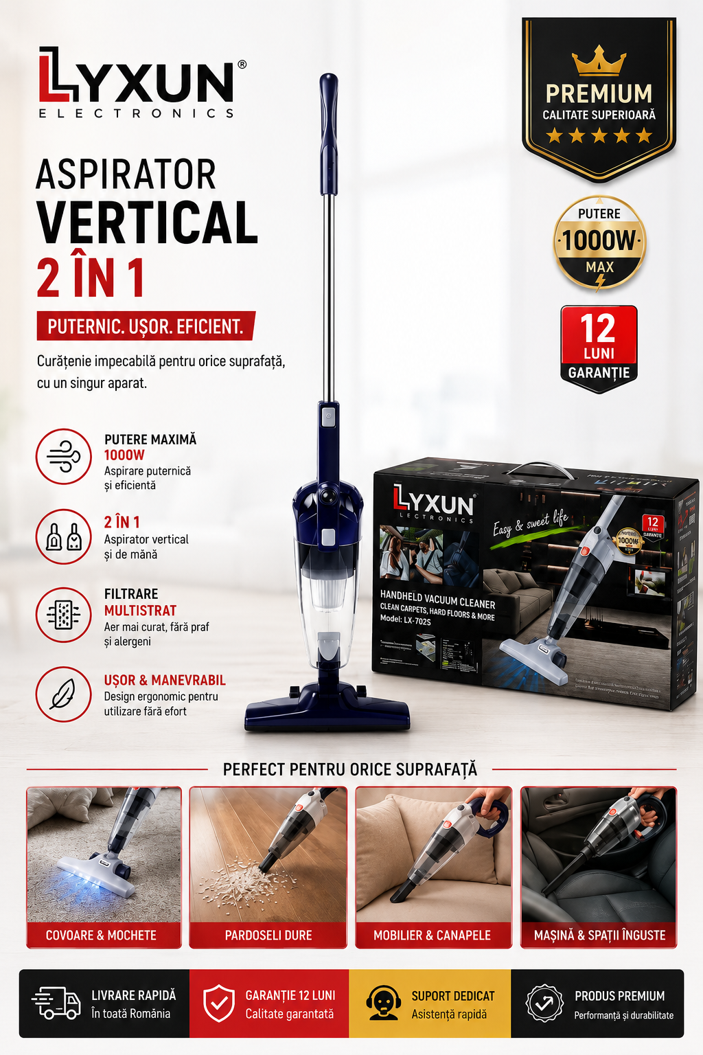 Aspirator LYXUN LX-7025 Multifunctional 2 in 1, Aspirator de Mana, 1000W