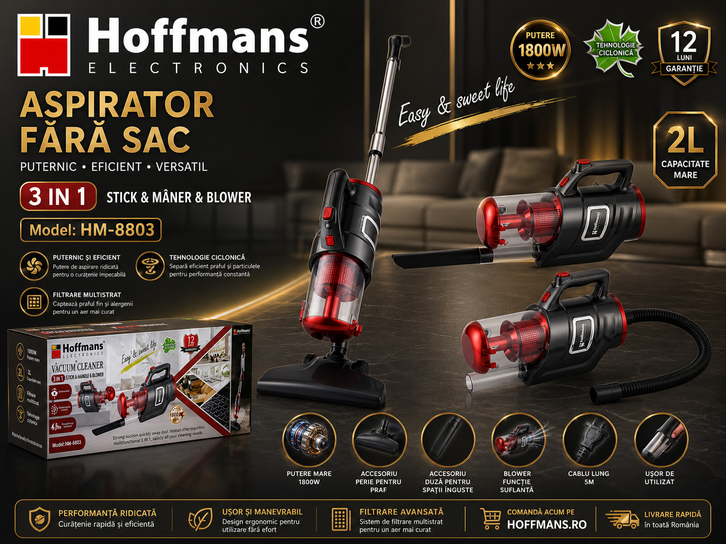 Aspirator 3in1 Hoffmans HM-8803, fără sac, putere 1800W, filtru HEPA