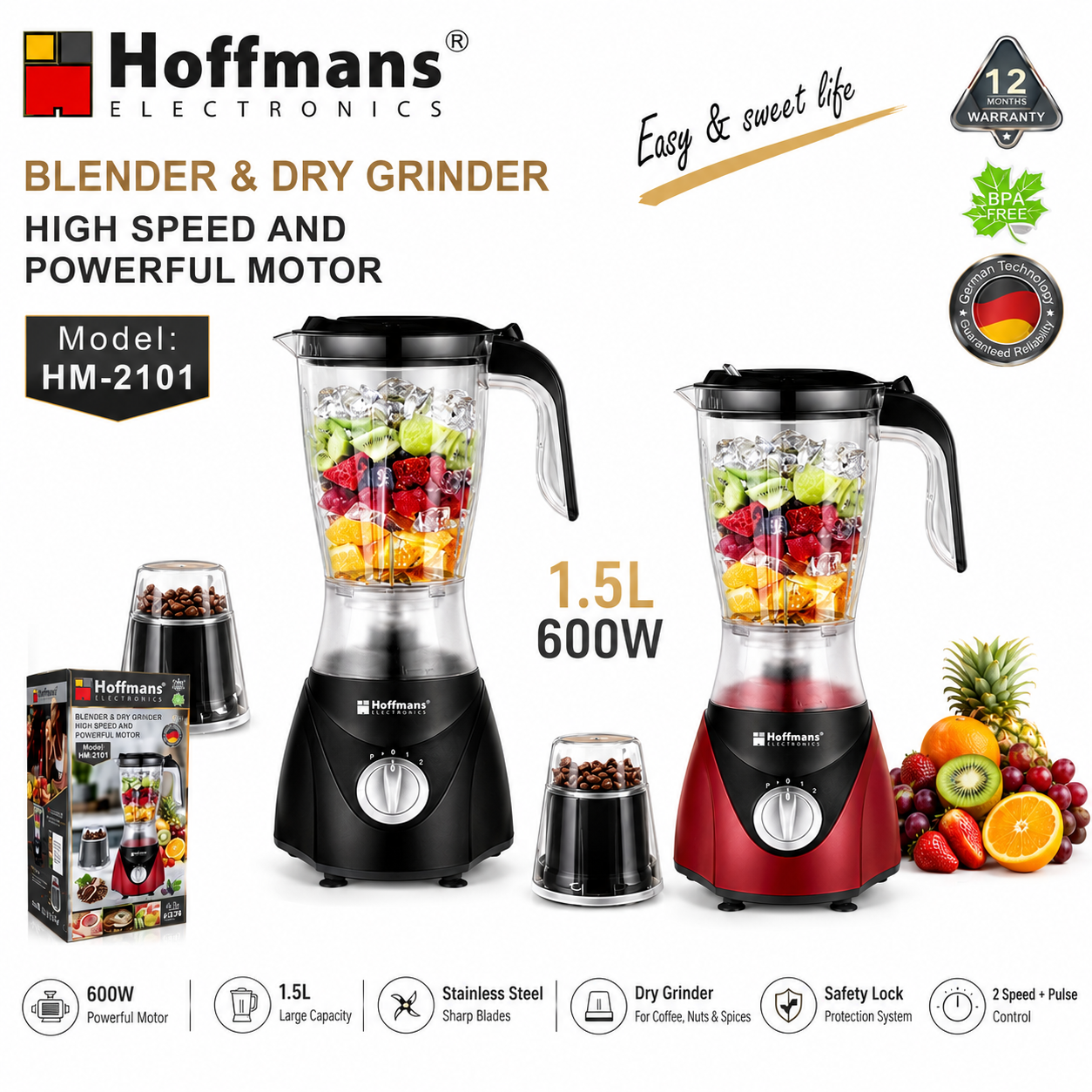 Blender 2 în 1 Hoffmans HM-2101 – 1.5L + Râșniță, 600W