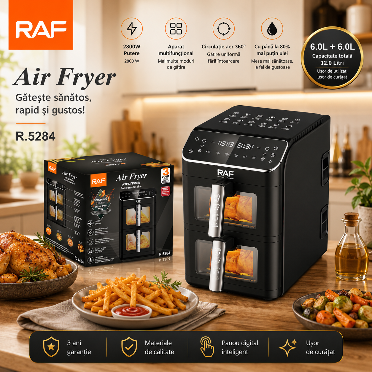 Air Fryer RAF 5284 – Friteuza cu Aer Cald, 2 Cosuri Duble Capacitate 6L+6L, Ecran Digital, Fereastra Vizuala, 2800W