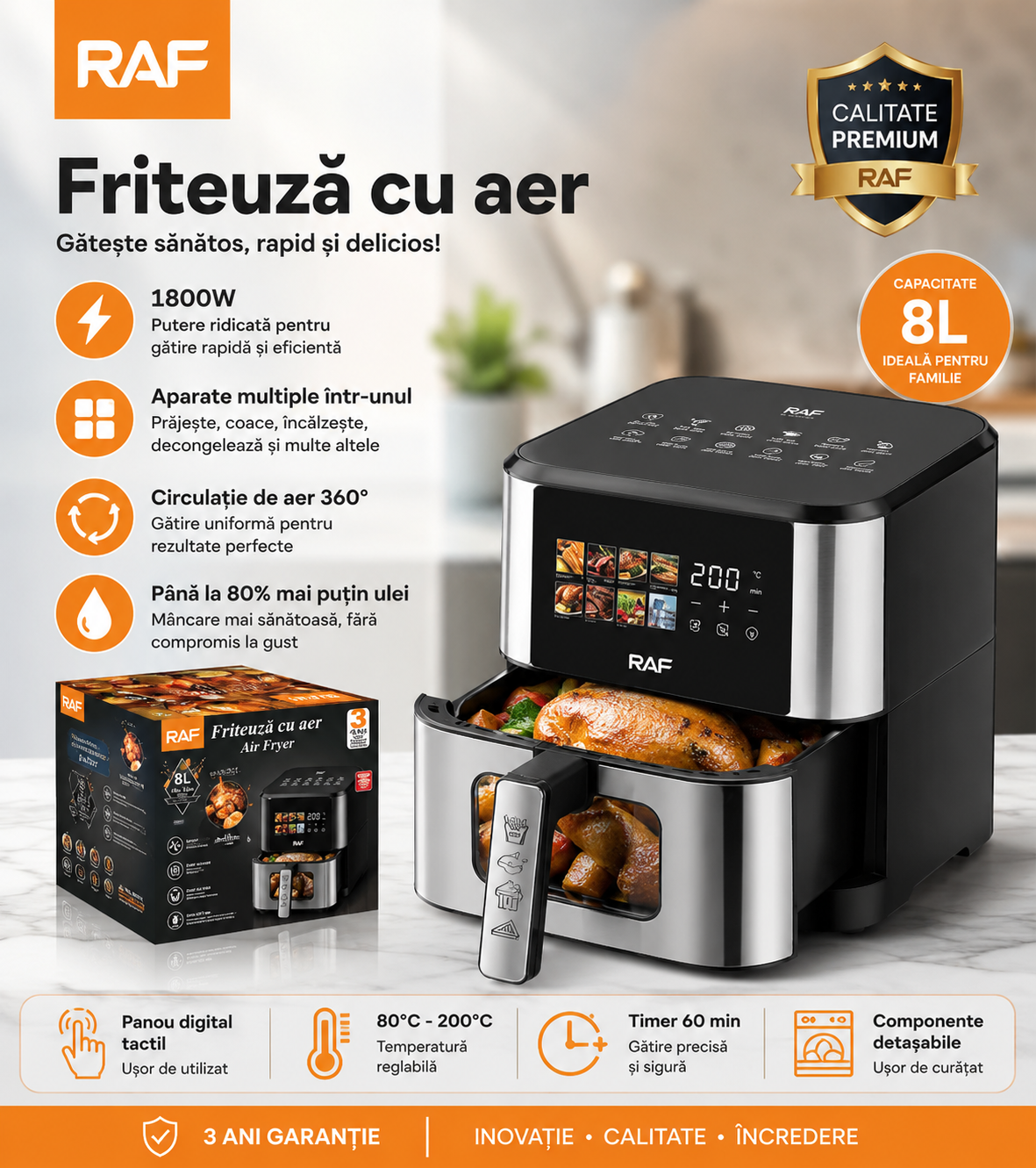 Friteuză Air Fryer Digitală Profesională RAF R.50005, 8L, 1800W, Inox