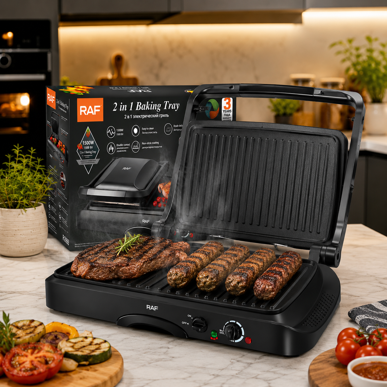 Grill Electric 2 in 1 RAF 2695 cu Placa Mobila cu Deschidere, 1600W
