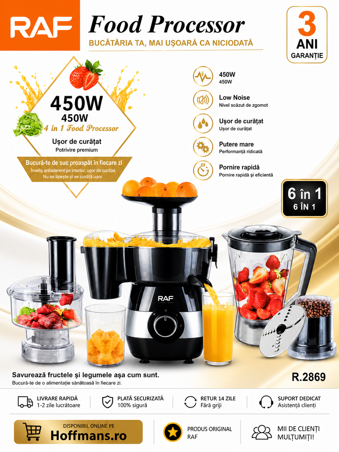 Procesor de alimente Raf R2869 – 450W, 2 viteze, Pulse, baza antialuneca