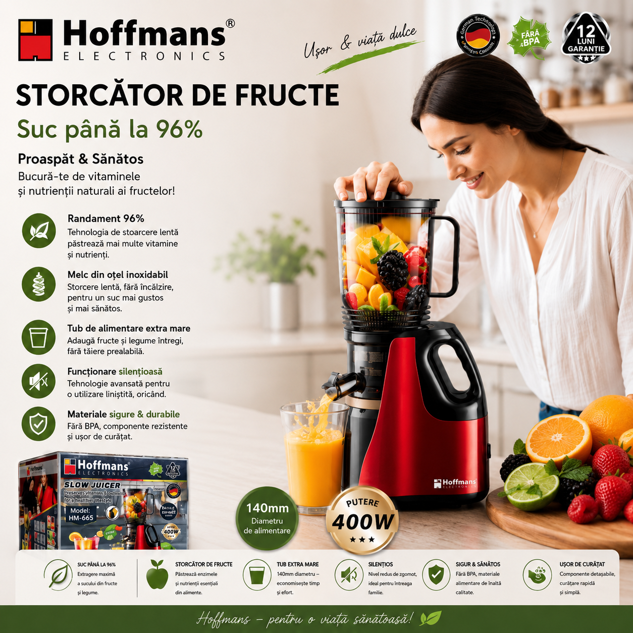 Storător Slow Juicer Hoffmans HM-645 – Tehnologie Cold Press 60RPM
