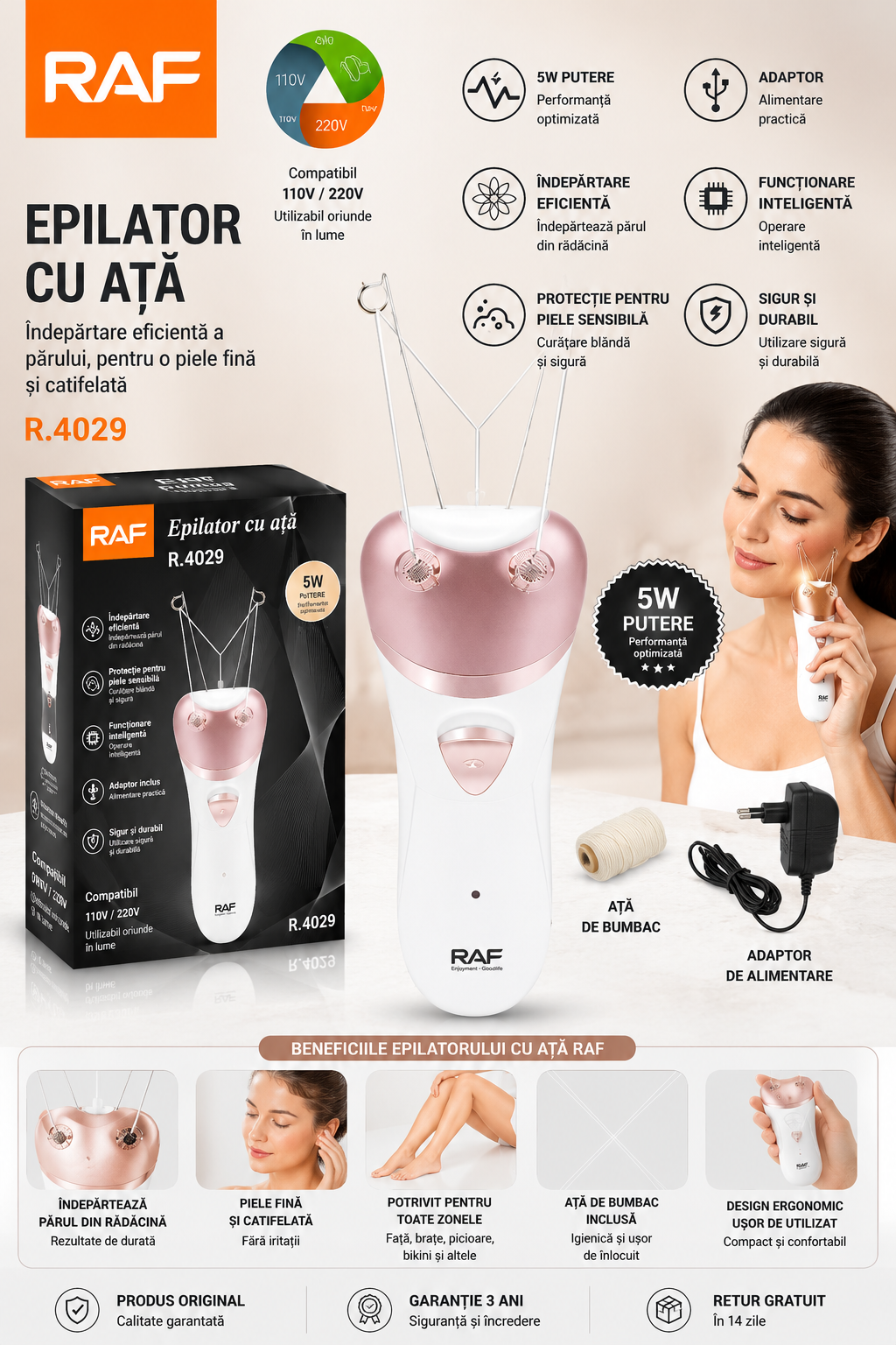 Epilator electric facial reincarcabil, cu fir de ata, RAF R4029, 5W, acumulator 1200mAh, 6x21cm, alb-roz