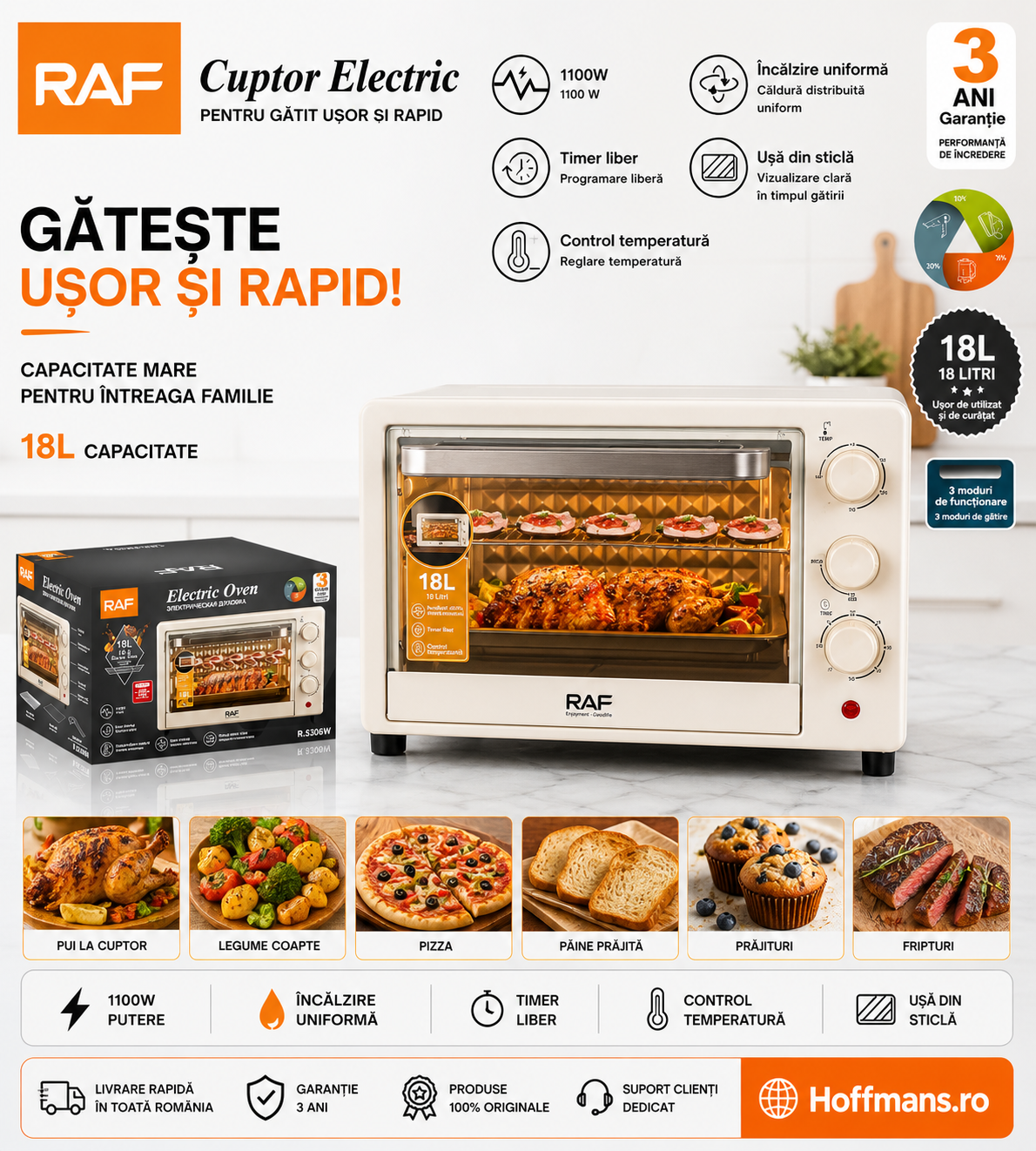 Cuptor Electric Compact RAF R.5306W, 18L, 1100W, Control Temperatură, Alb