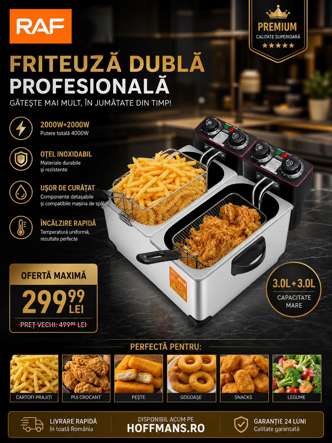 Friteuză Electrică Dublă RAF R5223 2000 W, 6 L capacitate (3L+3L), Oțel Inoxidabil, Control Temperatură, 220V