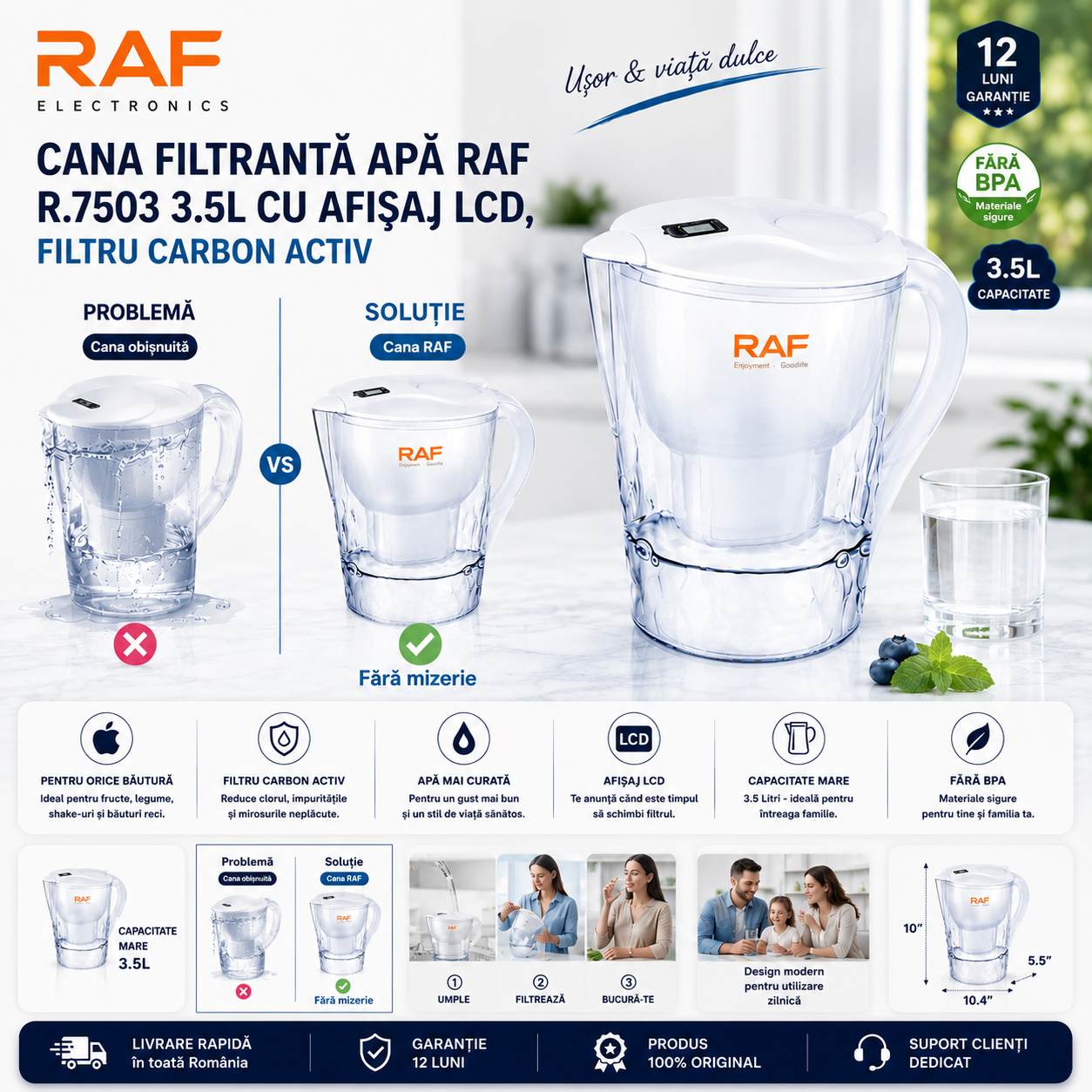 Cana Filtranta Apa RAF R.7503 3.5L cu Afisaj LCD, Filtru Carbon Activ