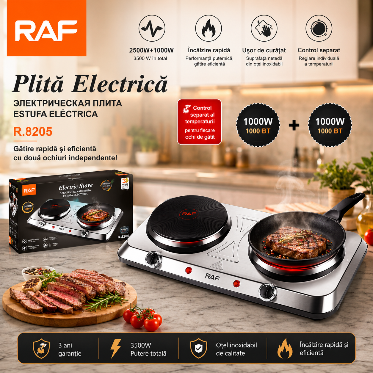 Plită Electrică Dublă RAF R.8205, 2000W, Inox, Control Mecanic, Portabilă