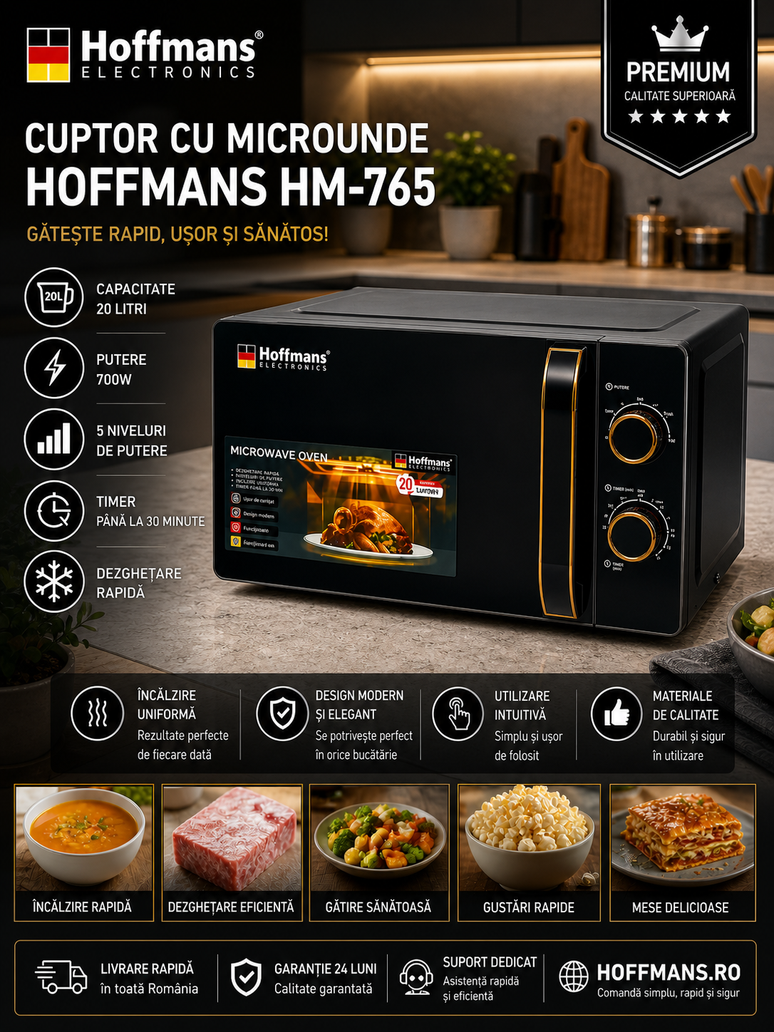 Cuptor Cu Microunde Hoffmans HM-765, Capacitate 20L, 700W, 5 Niveluri De Putere,