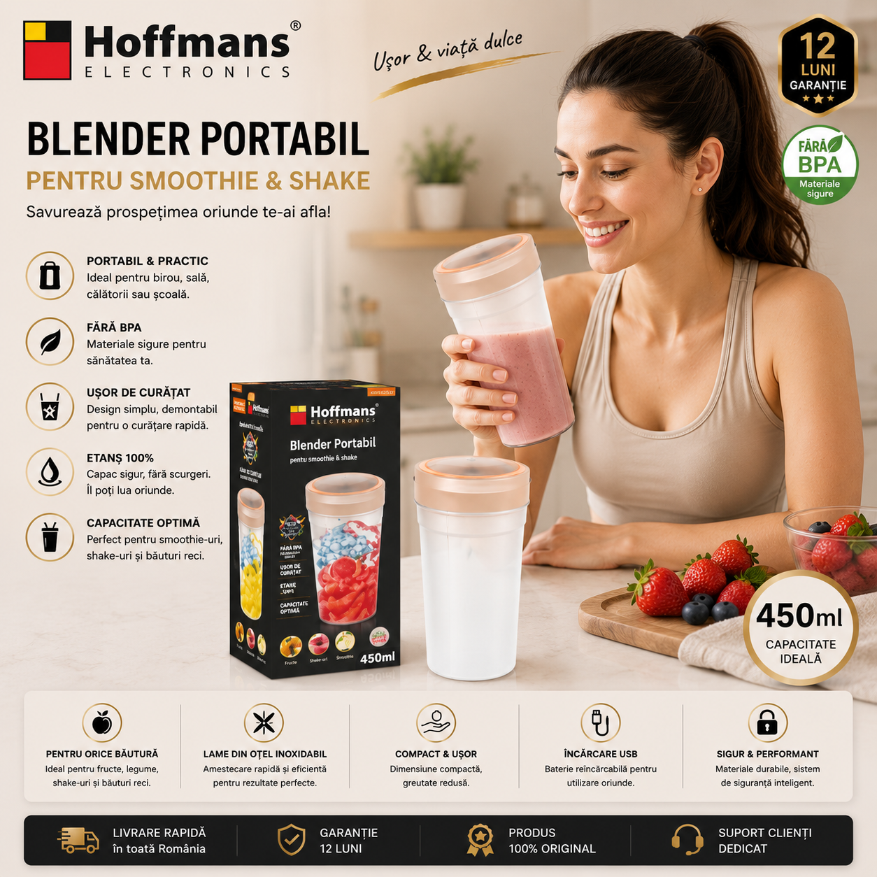 Blender portabil RAF R.2829O 300ml, reincarcabil USB, portocaliu