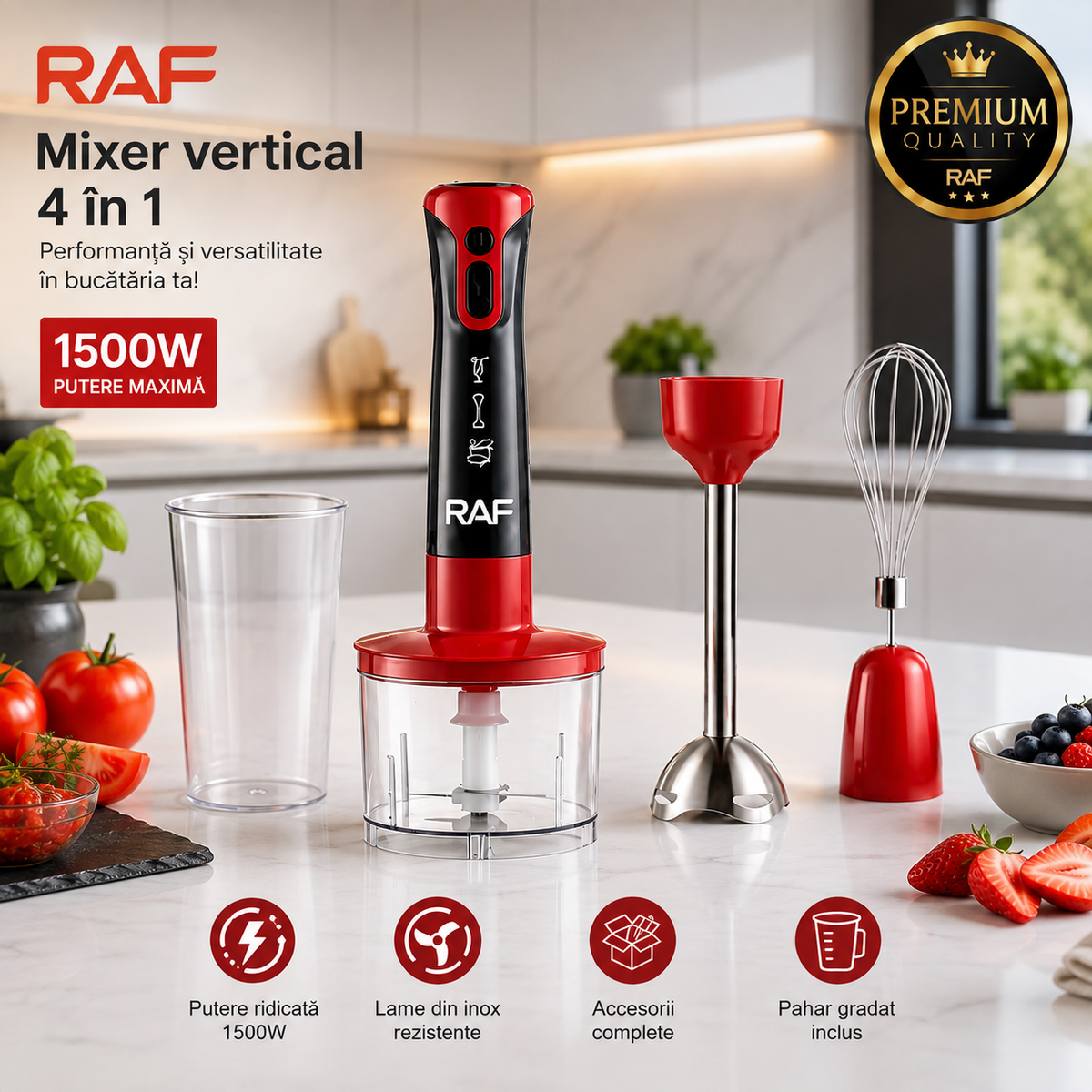 Blender de mana RAF R.293R, 1500 W cu Turbo Boost