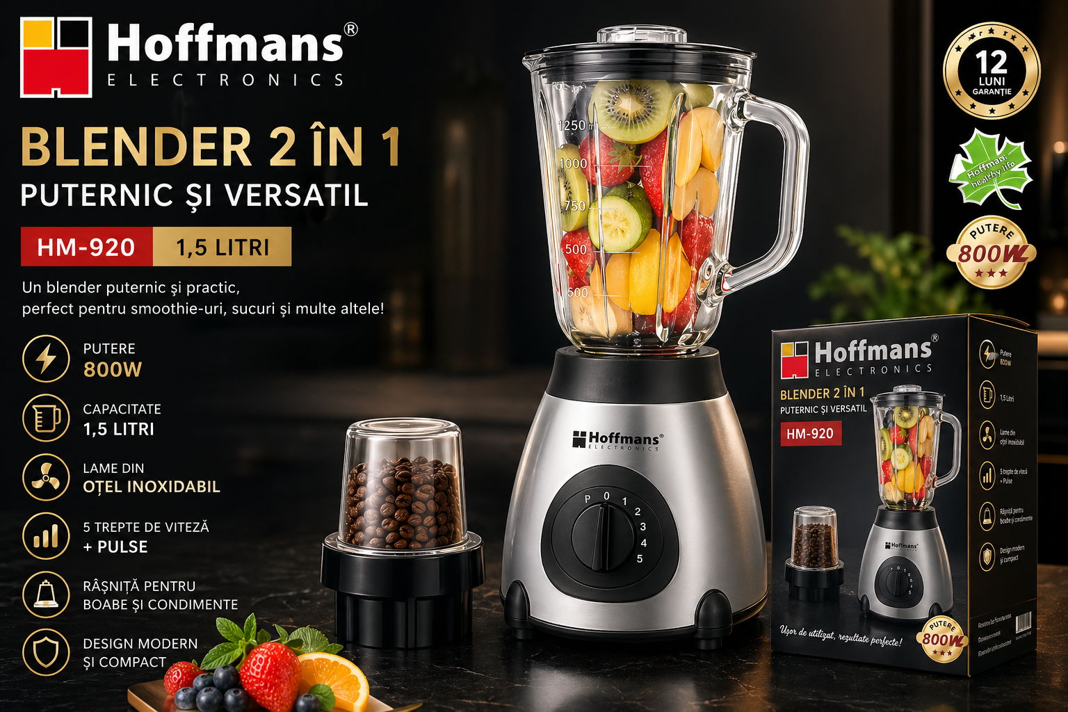 Blender Profesional Hoffmans HM-920 – 1.5L, Putere Mare, Multifuncțional, Zdrobire Gheață, Lame Inox Japoneze