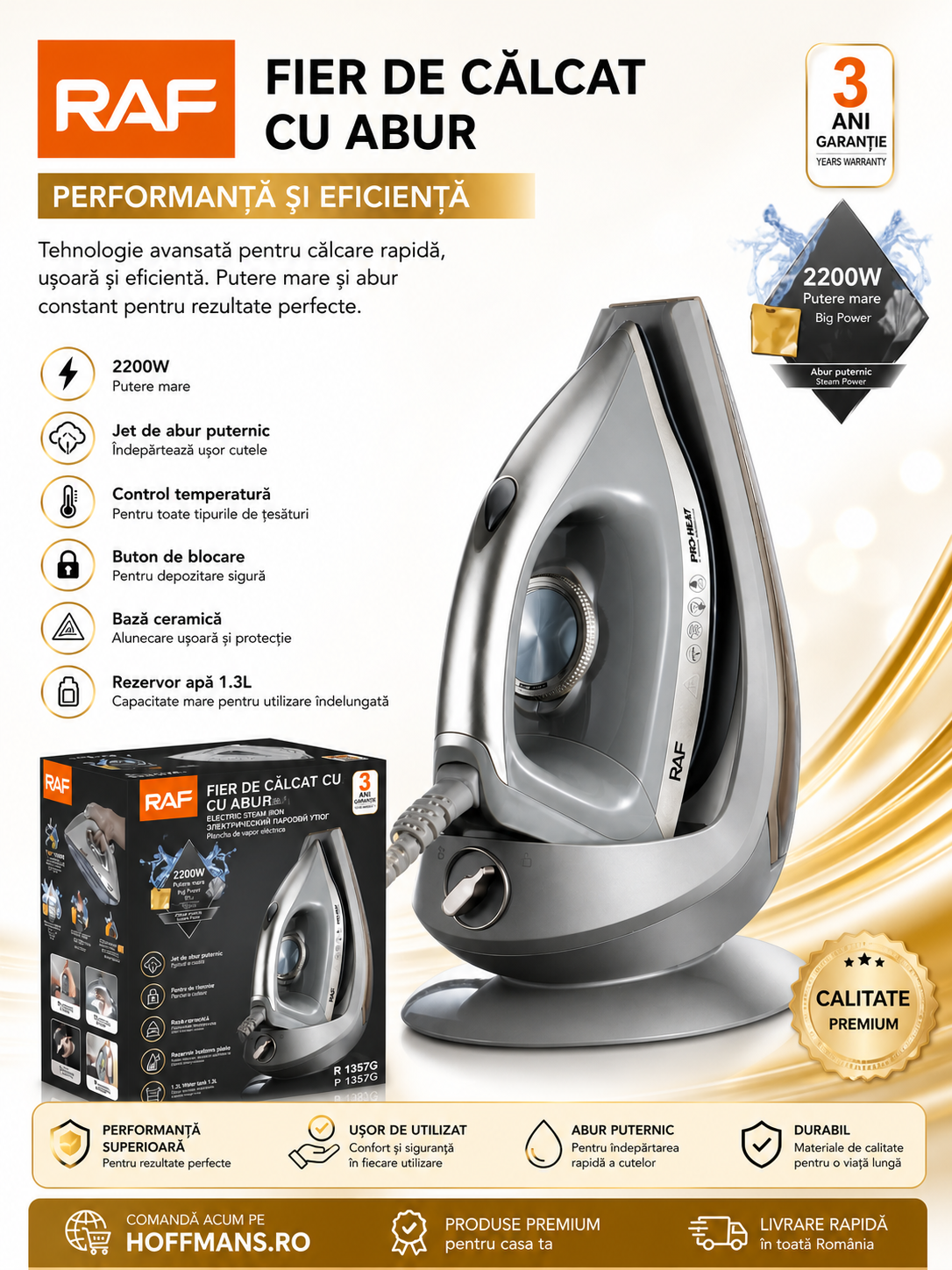 Fier De Calcat Cu Aburi Vertical RAF 1357G – Talpa Ceramica, Rezervor 1.5L, Functie Auto Curatare, 2200W