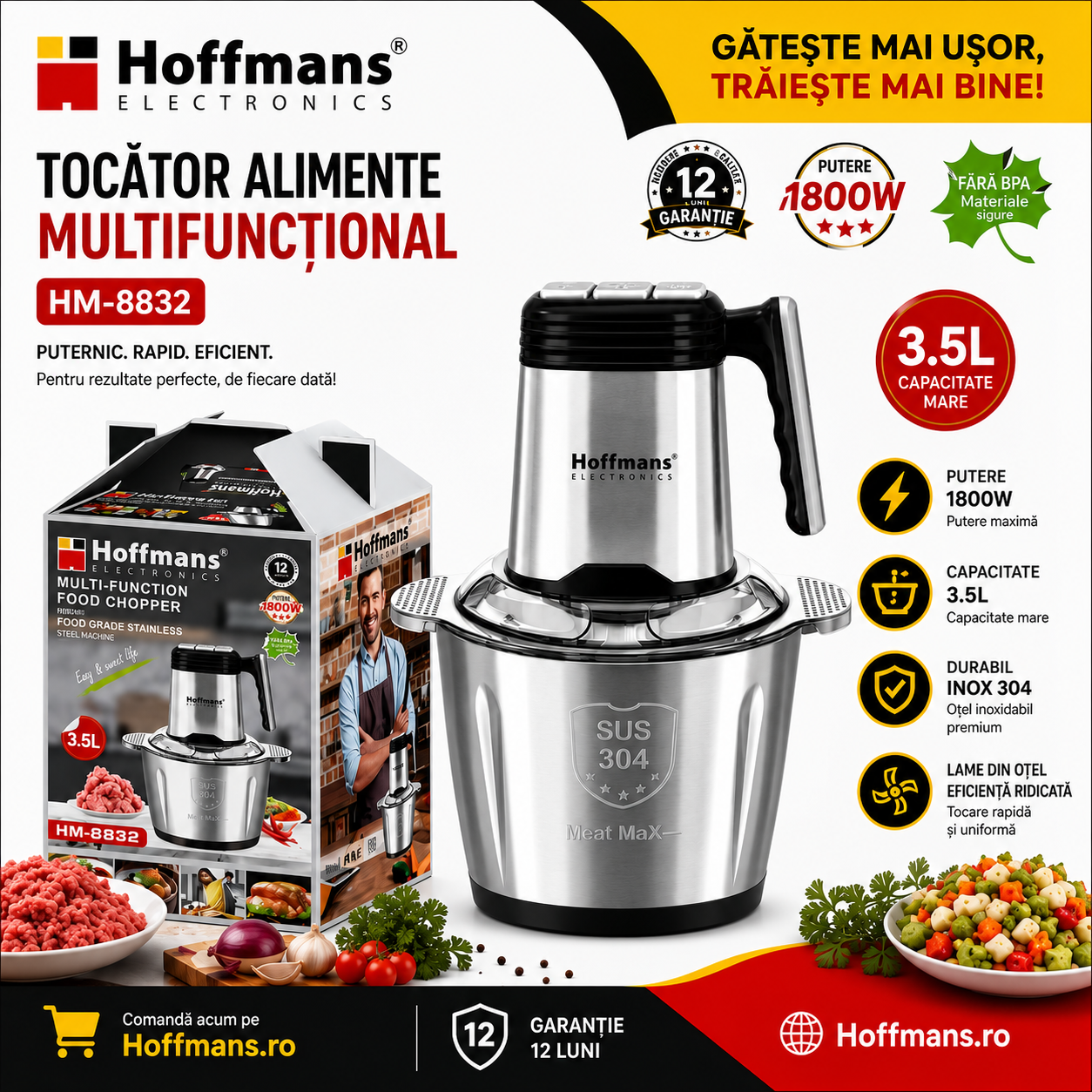 Tocător Electric Multifuncțional Hoffmans HM-8832 – 1800W, Bol Inox 3.5L, 3 Viteze