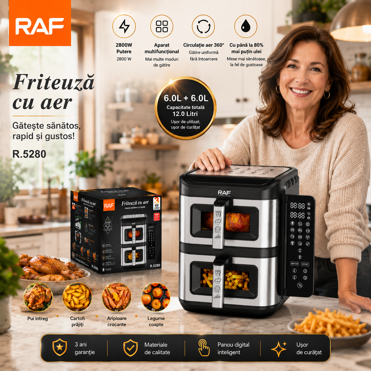 Friteuză cu Aer Cald, Digitală RAF R.5280, 12L (6L+6L), 2800W, Dublu Coș, Display Tactil