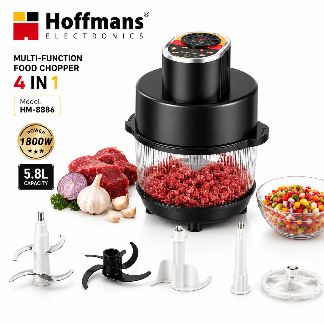 Hoffmans HM-8886 – Tocător Multifuncțional 4 în 1, 1800W, Vas 5.8L