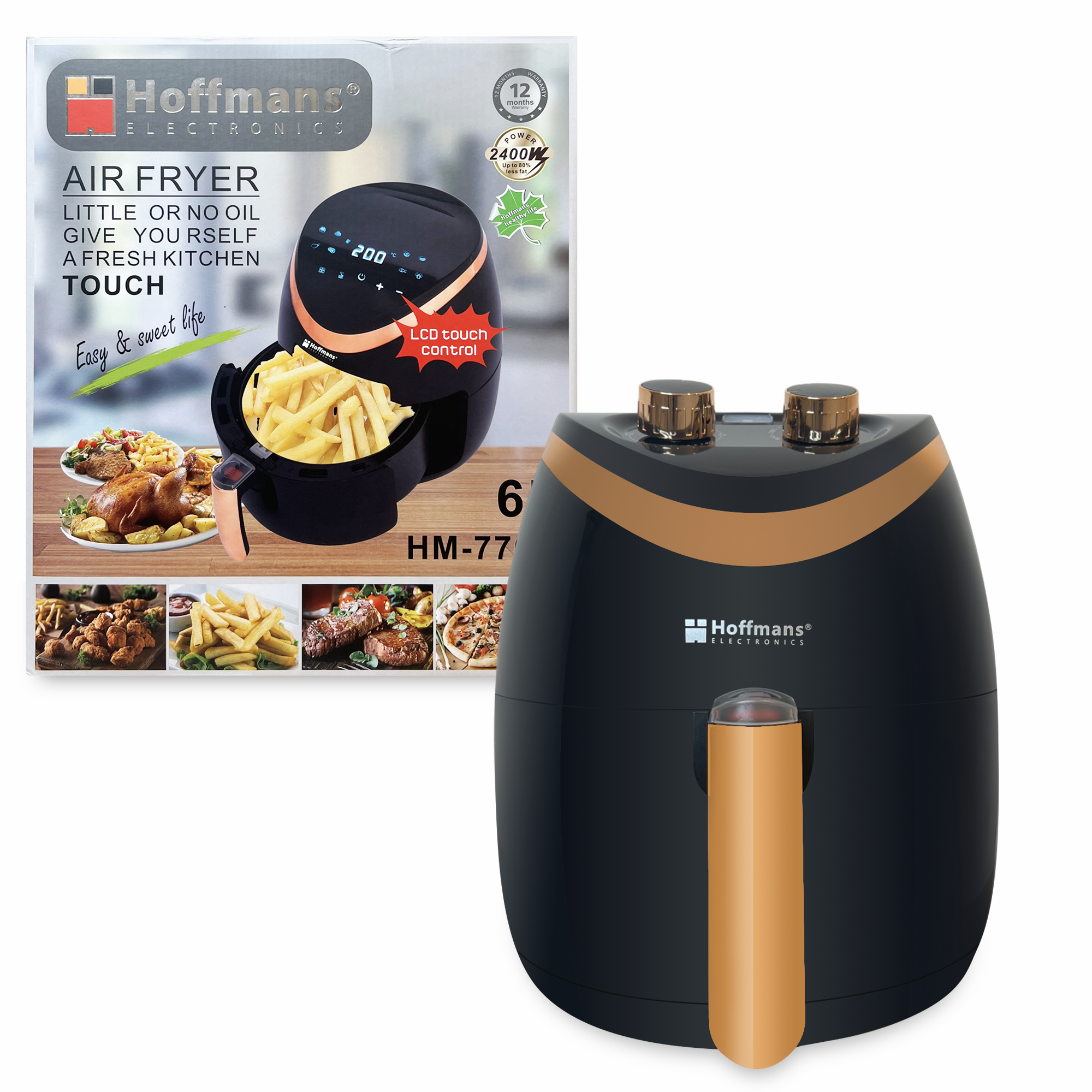 Air Fryer HOFFMANS 776A - Friteuza cu Aer Cald, Fara Ulei, Capacitate 6L, 2400W, Negru