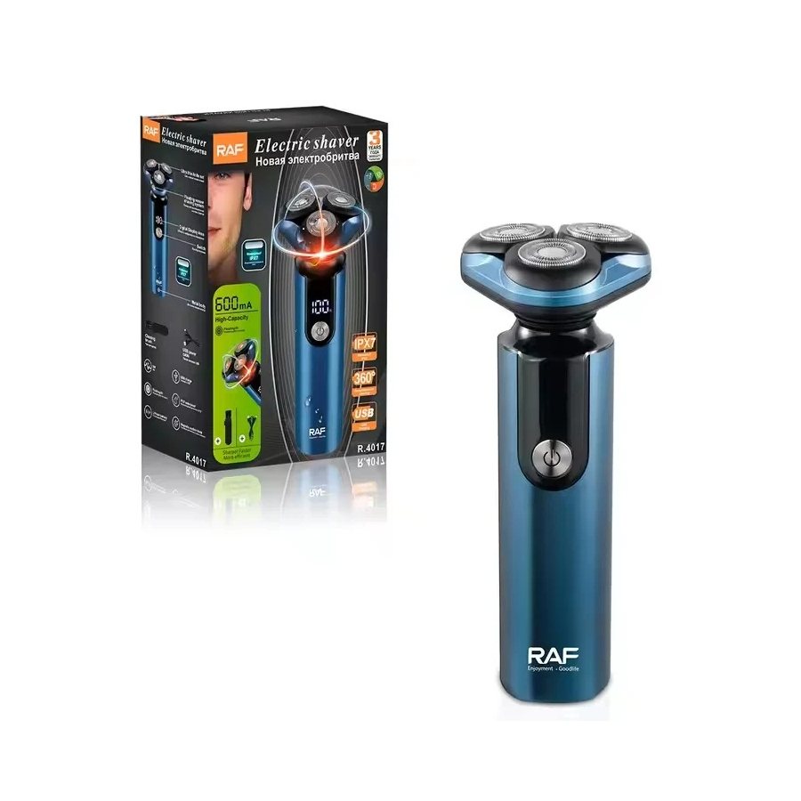 Aparat electric de ras, RAF R4017, 3W, IPX7, 360°, incarcare USB, afisaj digital, 4x14cm, albastru